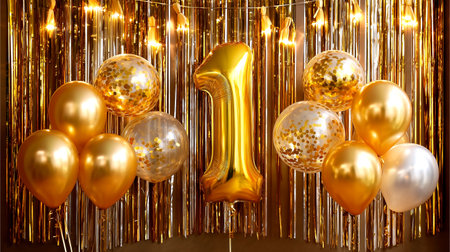 Golden balloons and shimmering confetti set the stage for a magical first birthday. Perfect for celebratory designs, invitations, and capturing joyful milestones.の素材