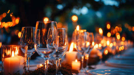 Create an inviting atmosphere with this candlelit dining setting, perfect for romantic evenings, celebrations, and upscale events. The soft glow evokes warmth and elegance.の素材