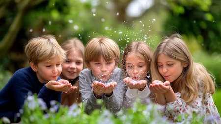 Capture pure childhood joy as kids toss sparkling confetti in a vibrant garden, creating magical moments of wonder and shared delight. Perfect for celebrating life's special occasions.の素材