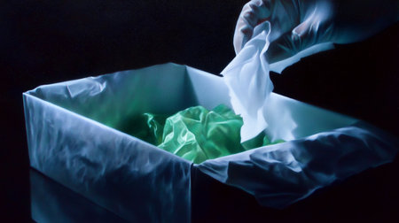 Discover a moment of meticulous care as gloves gently place wrinkled green material into a dark bin, symbolizing controlled disposal and a commitment to cleanliness.の素材