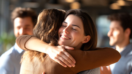 Experience pure delight as two women share a heartfelt embrace, radiating warmth and connection. Perfect for conveying strong friendships and emotional bonds.の素材