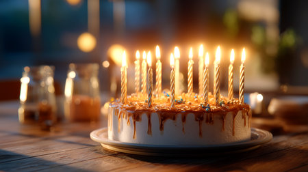 Capture the magic of milestones with this stunning caramel-drizzled cake, its warm candles casting a festive glow, ideal for creating unforgettable celebratory moments.の素材