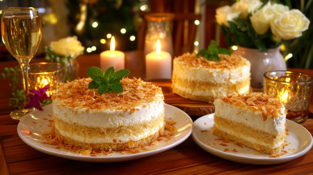 Experience pure bliss with this exquisite layered cake, featuring a delightful toasted coconut topping and refreshing mint garnish, perfect for creating unforgettable celebratory moments.の素材