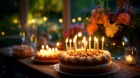 Capture the magic of special moments with beautifully decorated birthday cakes aglow with candles, evoking warmth, joy, and cherished memories for any celebration.の素材