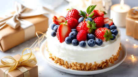 Celebrate special moments with this exquisite berry cake, adorned with fresh strawberries and blueberries, a delightful gift for any occasion.の素材