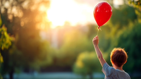 Experience pure childhood bliss as a child holds a bright red balloon against a stunning golden sunset glow, evoking joy and wonder.の素材