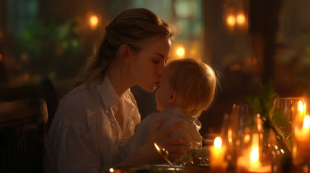 Capture the heartwarming embrace of a mother and child sharing a tender moment amidst a beautifully lit, intimate candlelit dinner, perfect for conveying love and family connection.の素材