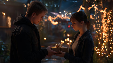 Heartwarming moment of a young couple exchanging a gift under softly glowing lights, perfect for conveying love, connection, and the joy of giving.の素材