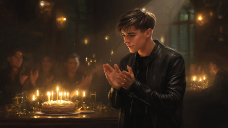 A joyful birthday celebration unfolds with a handsome young man among friends, creating a warm, elegant, and memorable moment filled with happiness and cheer.の素材