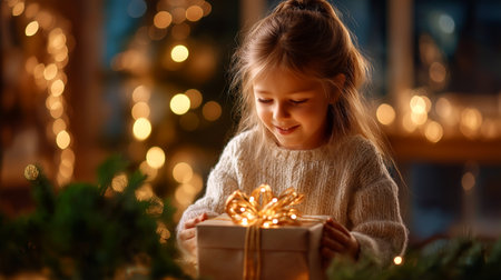 Capture heartwarming holiday magic with a child's pure delight unwrapping a special gift, surrounded by twinkling lights for an unforgettable festive scene.の素材
