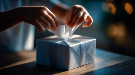 Experience the pure delight of a surprise gift being opened. This intimate scene captures the magic of anticipation and the joy of discovery, perfect for expressing celebration and thoughtful moments.の素材