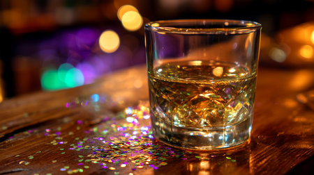 Vibrant drink on a rustic bar with confetti creates a festive atmosphere, perfect for celebrating good times with friends, and adding a touch of sparkle to any project.の素材
