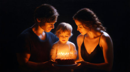 Cherish a magical birthday moment as parents lovingly surround their child, illuminated by the warm glow of birthday candles on a delicious cake, capturing pure family joy.の素材