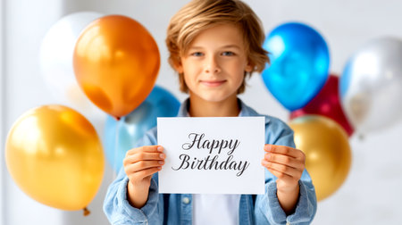 Capture pure childhood delight with this vibrant scene of a boy holding a 'Happy Birthday' message, surrounded by festive balloons, perfect for invitations, cards, and celebratory designs.の素材