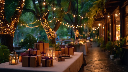 Experience the magic of an enchanting evening garden party, where twinkling fairy lights and elegant gift boxes set a warm, celebratory mood for any special occasion.の素材