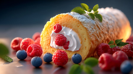 Savor this exquisite Swiss roll, beautifully decorated with vibrant raspberries and blueberries, perfect for any special occasion or a sweet indulgence.の素材