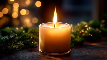 Experience tranquil warmth with a glowing candle, surrounded by festive bokeh lights and pine. Perfect for creating a cozy, serene holiday ambiance and peaceful winter moments.の素材