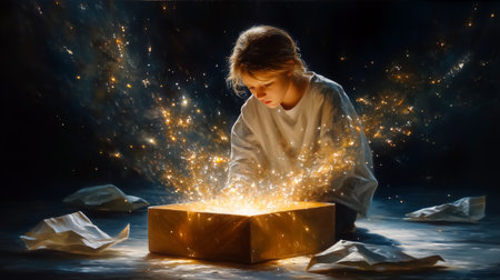 Captures the awe-inspiring moment of a child discovering pure magic, evoking feelings of wonder, imagination, and the boundless potential within every gift.の素材