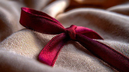 Discover the exquisite detail of a deep red satin ribbon elegantly knotted on a textured neutral fabric, perfect for evoking luxury and sophistication in your designs.の素材