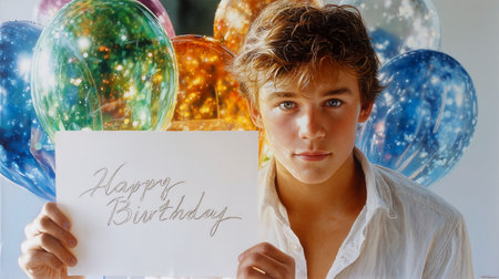 Capture the magic of a special day with this vibrant scene of a young boy celebrating, his cheerful gaze and sparkling balloons radiating pure joy and excitement.の素材