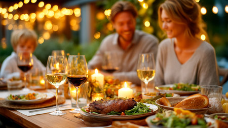 Cherish precious moments with loved ones during an enchanting outdoor dinner, bathed in the soft glow of fairy lights and candles, creating an unforgettable atmosphere of warmth and joy.の素材