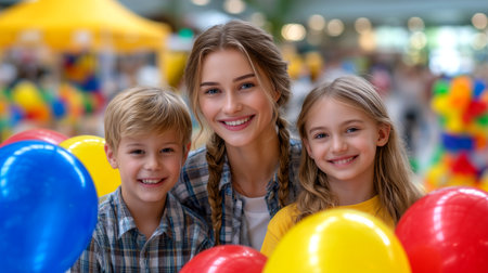 Capture pure joy and innocence with this heartwarming scene of a young woman and children celebrating amidst vibrant balloons, perfect for conveying happiness and festive fun.の素材