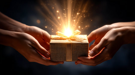 Experience the magic of giving and receiving with this radiant golden gift, bursting with light and sparkling wonder. Perfect for celebrations and expressing heartfelt emotions.の素材