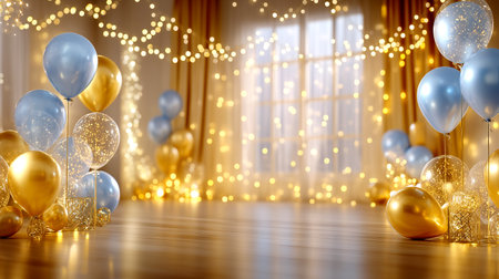 Create an unforgettable atmosphere with elegant gold and blue balloons bathed in warm, sparkling bokeh lights, perfect for celebrations, parties, and joyous events.の素材