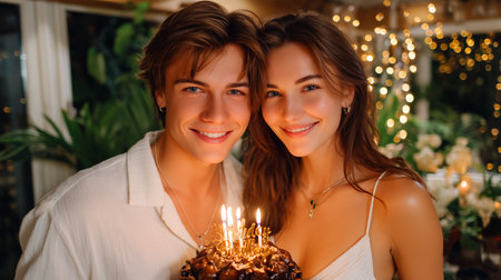 Capture the magic of shared moments with this vibrant scene of a young couple celebrating joyfully with a glowing birthday cake, perfect for conveying happiness, love, and festive cheer.の素材