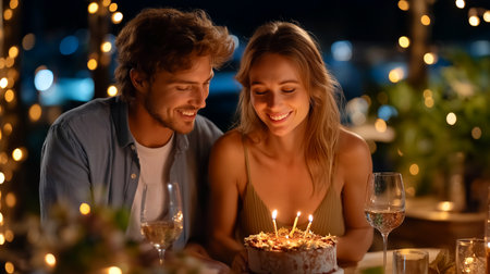 Share the joy of a birthday celebration with this romantic couple enjoying cake and wine under soft lights. Perfect for showing intimate moments, love, and festive occasions.の素材