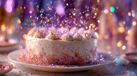 Create unforgettable memories with this exquisite cake, a centerpiece of joy and celebration, featuring shimmering confetti and luxurious frosting. Perfect for birthdays, holidays, or any special event.の素材