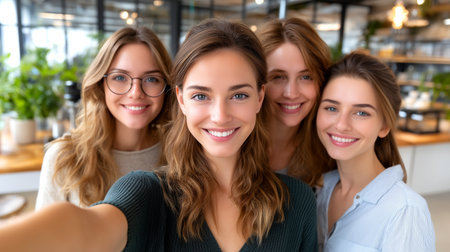 Four radiant young women share a genuine moment of joy, capturing a spontaneous selfie that radiates friendship and connection in a sleek, modern workspace, perfect for lifestyle and business themes.の素材
