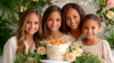 Capture the pure delight of childhood with this heartwarming scene of young girls celebrating a special moment. Their radiant smiles and a beautifully adorned cake create an atmosphere of pure joy and togetherness.の素材