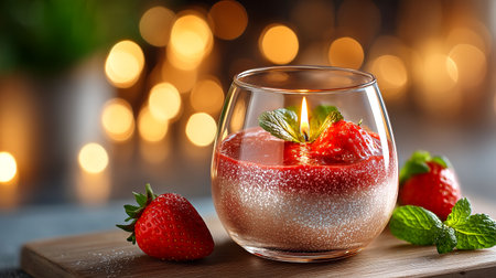 Experience pure delight with this exquisite strawberry dessert, crowned with a flickering candle and fresh mint. Its warm bokeh background evokes romance and celebration, perfect for any special occasion.の素材