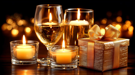 Create a magical ambiance with this elegant scene of glowing candles, fine wine glasses, and a luxurious gold gift box. Perfect for evoking feelings of joy, celebration, and special moments.の素材
