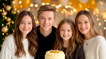 Capturing pure sibling joy around a celebratory cake, bathed in warm golden bokeh lights, perfect for conveying festive cheer, family bonds, and cherished moments.の素材