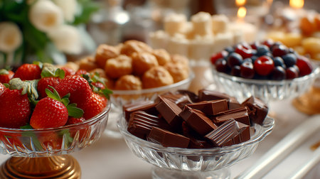 Experience pure delight with a lavish spread of rich chocolates, vibrant strawberries, juicy blueberries, and delicate pastries, perfect for any celebratory moment or indulgent dessert table.の素材