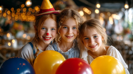 Capture pure childhood bliss with this vibrant scene of three smiling girls at a festive party, surrounded by colorful balloons and warm, inviting lights. Perfect for evoking joy and celebration.の素材