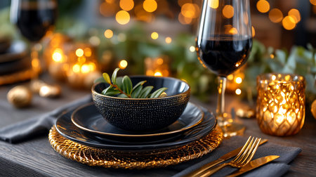 Experience the epitome of refined dining with this opulent table setting. Golden accents, a glass of rich wine, and warm bokeh lights create an unforgettable atmosphere for celebrations.の素材