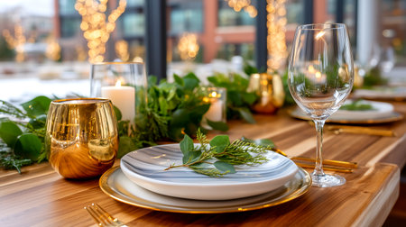 Experience the magic of a beautifully set table. Glowing candles, lush greenery, and elegant gold accents create an inviting atmosphere perfect for cherished moments and festive celebrations.の素材