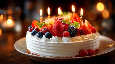 Ignite celebration with a gorgeous berry-adorned cake, its flickering candles casting a warm glow. Perfect for birthdays, anniversaries, or any sweet occasion.の素材