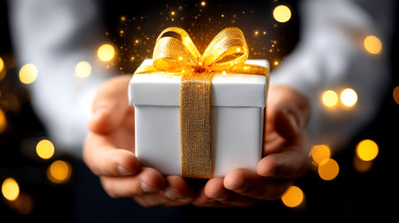 Experience the magic of giving with a beautifully presented gift box, radiating warmth and wonder through sparkling bokeh lights and golden accents. Perfect for any special occasion.の素材