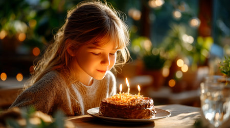Capturing a magical moment as a young girl closes her eyes, making a heartfelt wish before blowing out candles on a beautifully lit birthday cake, evoking pure childhood joy and anticipation.の素材