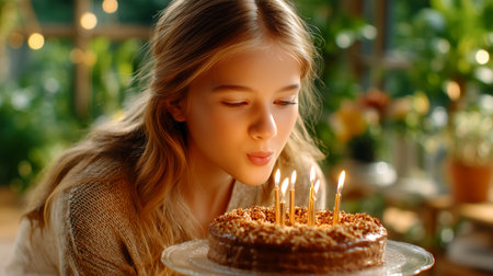 Capture the magic of childhood wishes! A young girl's face glows with anticipation as she blows out birthday candles on a delicious cake, creating a heartwarming scene.の素材