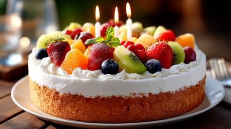 Capture the essence of celebration with this stunning fresh fruit cake, topped with vibrant berries and candles. Ideal for birthdays, parties, and creating unforgettable moments.の素材