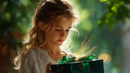 A young girl's eyes sparkle with anticipation as she holds a radiant gift, a moment filled with wonder and the promise of something special. This scene evokes feelings of joy, celebration, and the magic of special occasions. Perfect for holiday campaigns.の素材