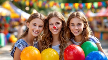 Three friends share a moment of pure joy, holding vibrant balloons and radiating happiness. This image captures the essence of celebration and fun, ideal for marketing events, promoting family fun, or adding a touch of cheer to any project.の素材