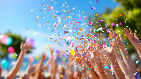 Capture pure elation with this dynamic scene of vibrant confetti showering happy hands reaching towards a clear blue sky, embodying spontaneous joy and festive celebration.の素材