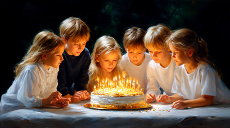 Capture the pure joy and magic of childhood celebration as diverse children gather around a luminous birthday cake, their faces illuminated by flickering candles, filled with anticipation and wonder for cherished wishes.の素材