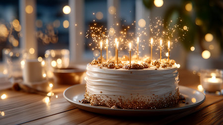 Ignite joy with this stunning celebratory cake, adorned with lit candles and shimmering golden sparkles, perfect for creating unforgettable moments and festive atmospheres.の素材